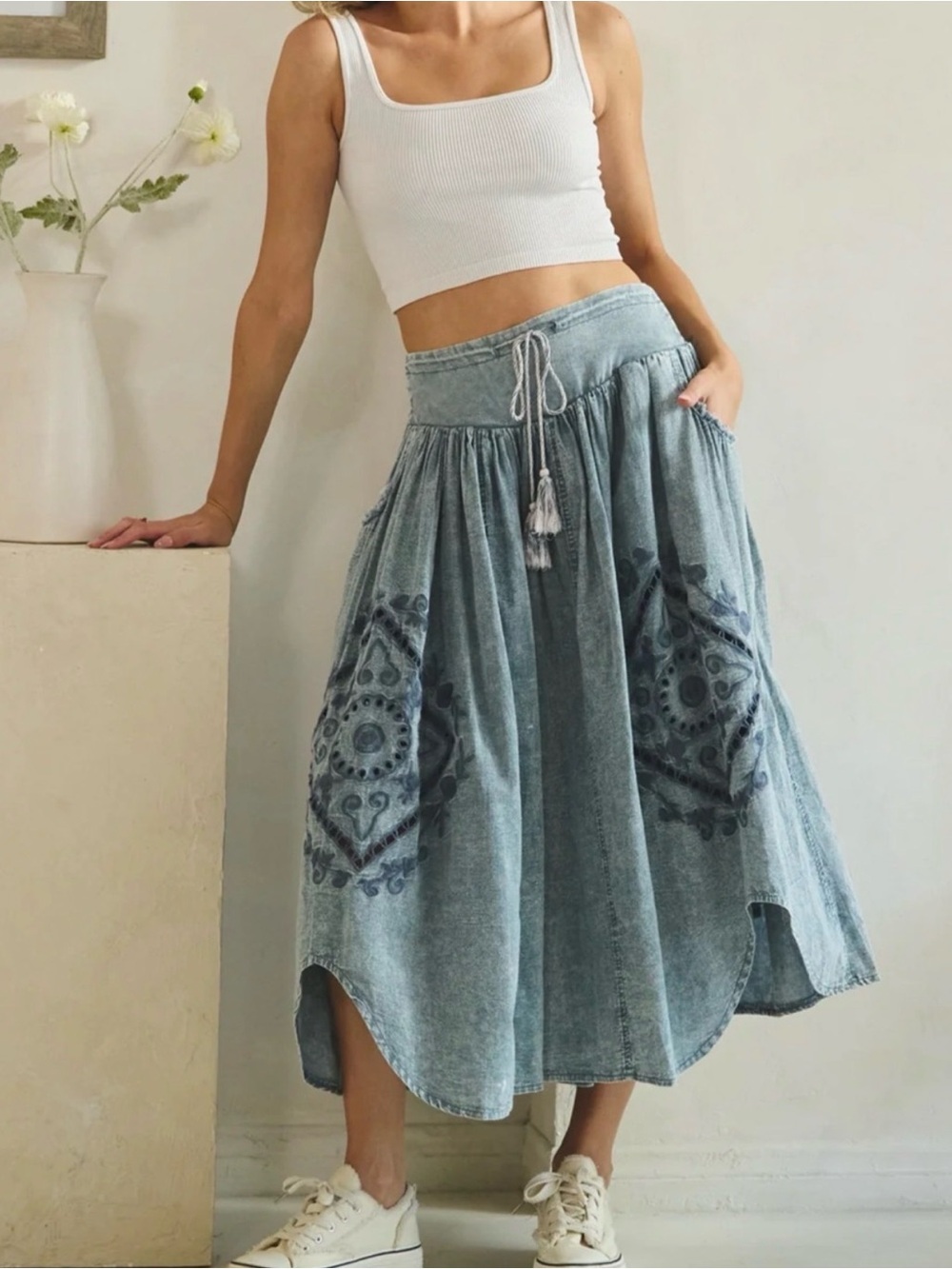Oli & Hali Blue Embroidered Denim Gaucho culottes with Drawstring Waist